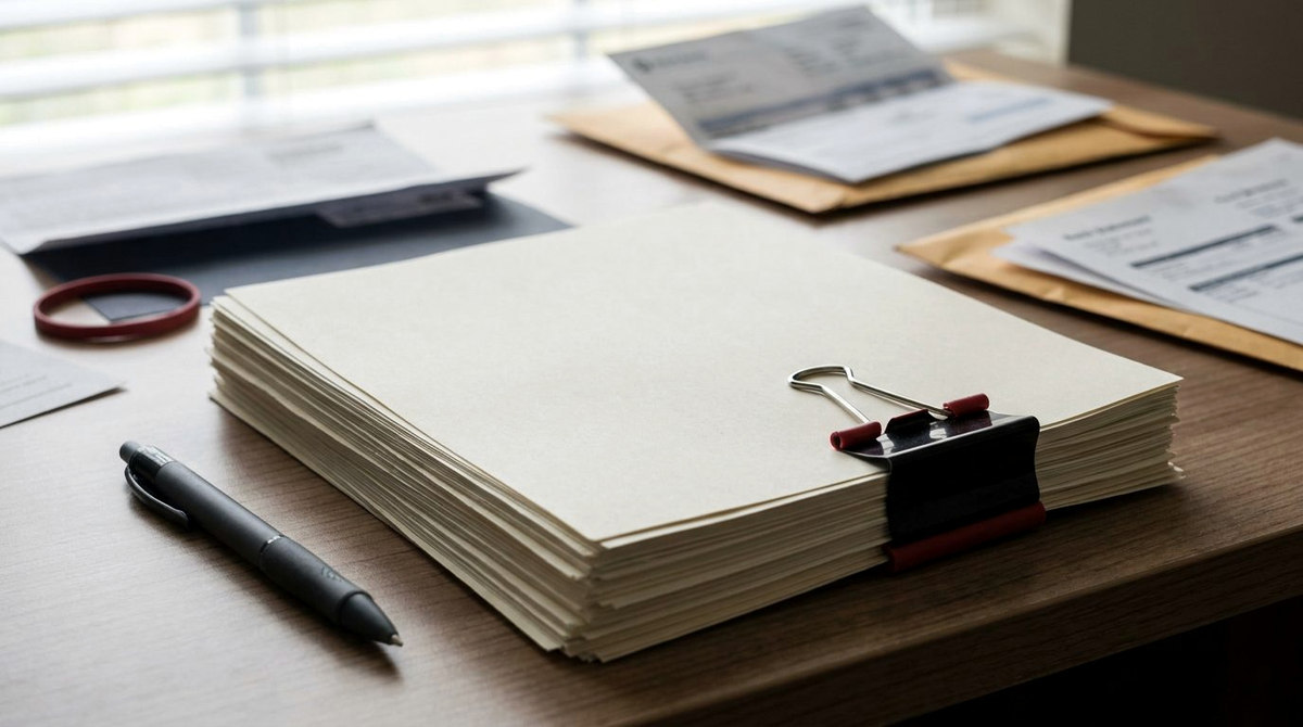 A thick stack of blank court forms held by a binder clip beside a pen