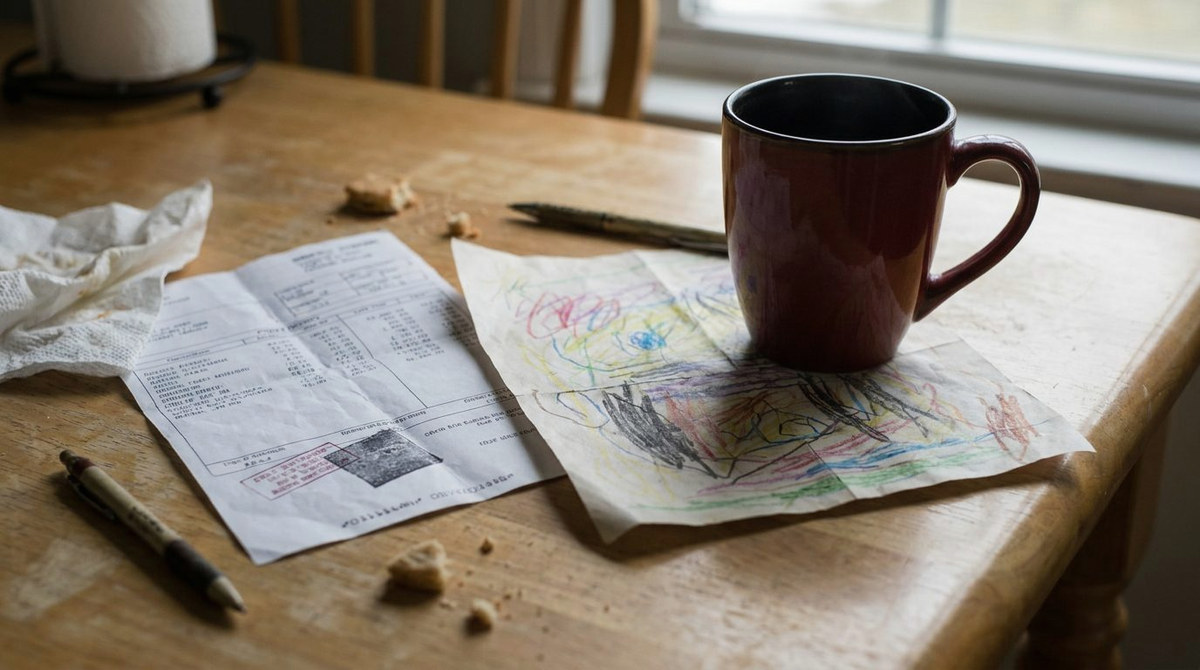 A pay stub on a kitchen table beside a child's crayon drawing and a mug