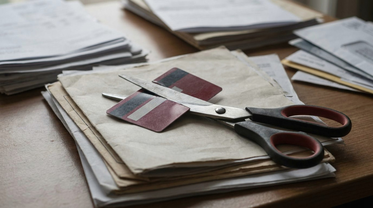 A credit card cut in half lying on folded court papers