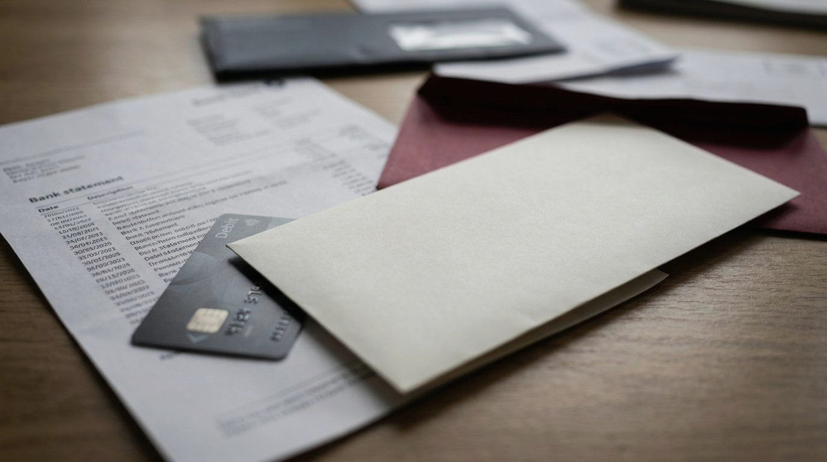 A printed bank statement and a debit card under a blank paper notice