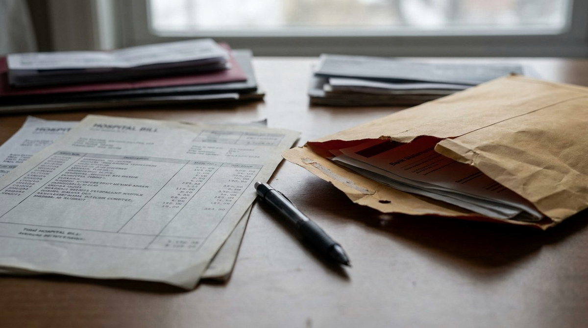 An itemized hospital bill on a desk beside a pen and an opened envelope