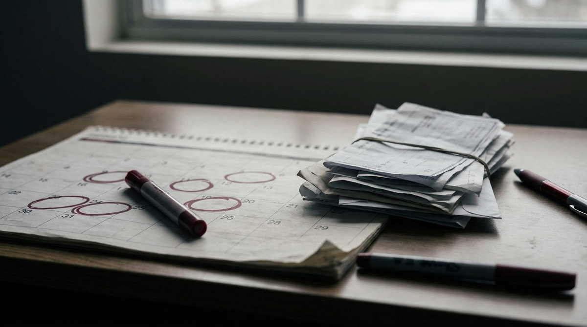 A desk calendar with several dates circled in red beside a stack of pay stubs