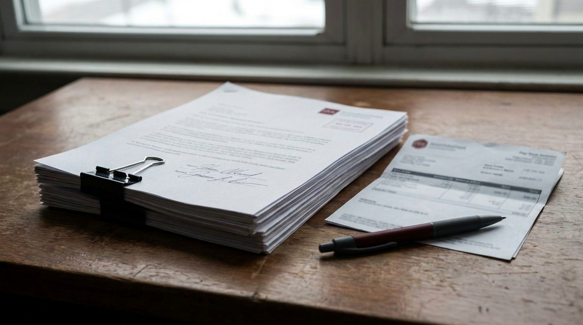 A stack of signed papers held by a binder clip next to a pay stub and a pen