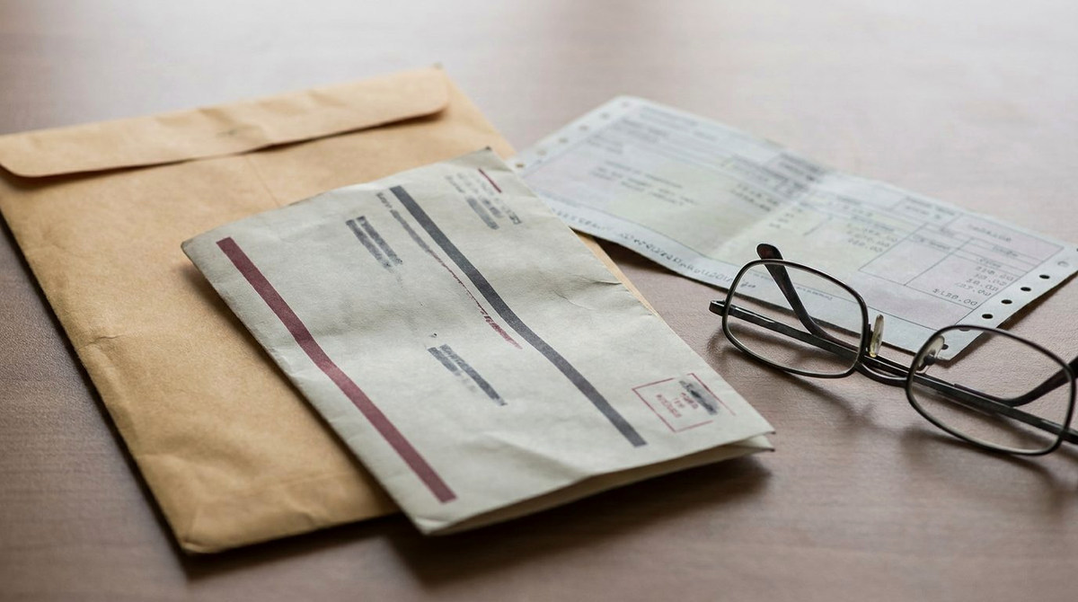 A folded notice on a manila envelope next to a pay stub and reading glasses