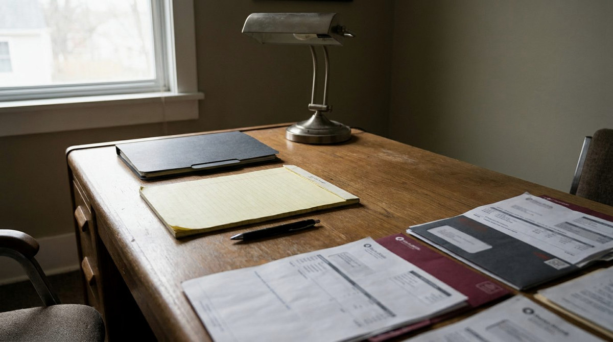 A tidy desk with a yellow legal pad, a closed file folder and a lamp