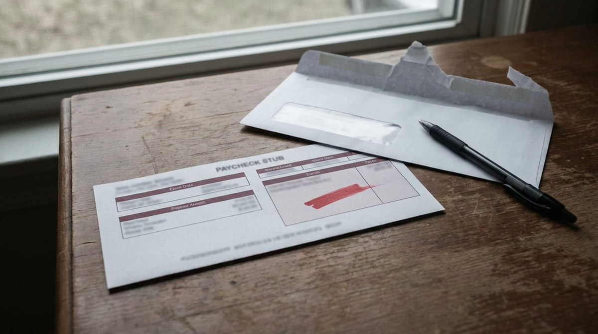A pay stub with the garnishment line marked in red pen beside an opened window envelope on a kitchen table