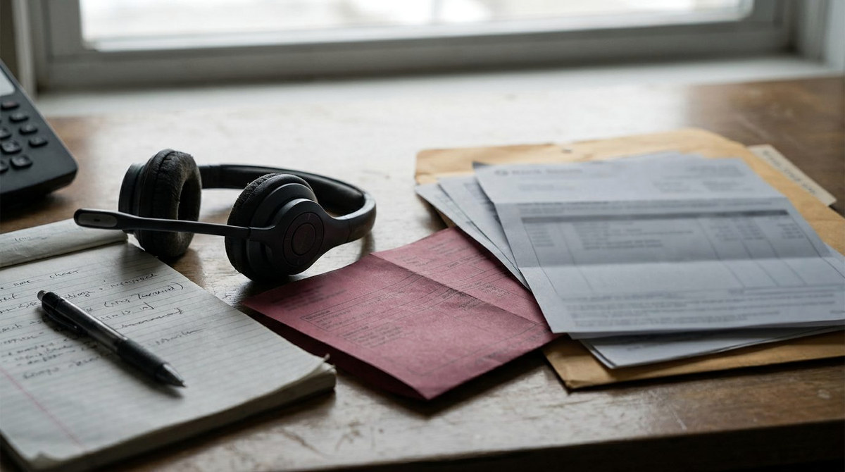 A quiet desk with a telephone headset, a notepad and a pay stub