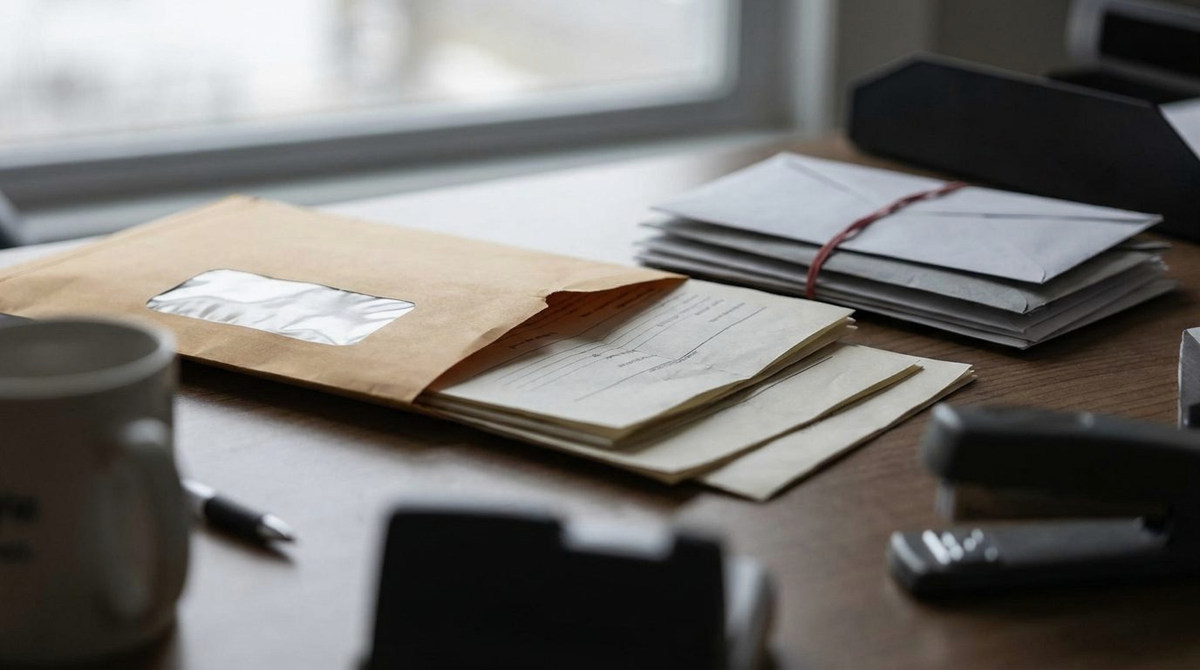 Folded legal papers sliding out of a white window envelope beside unopened mail